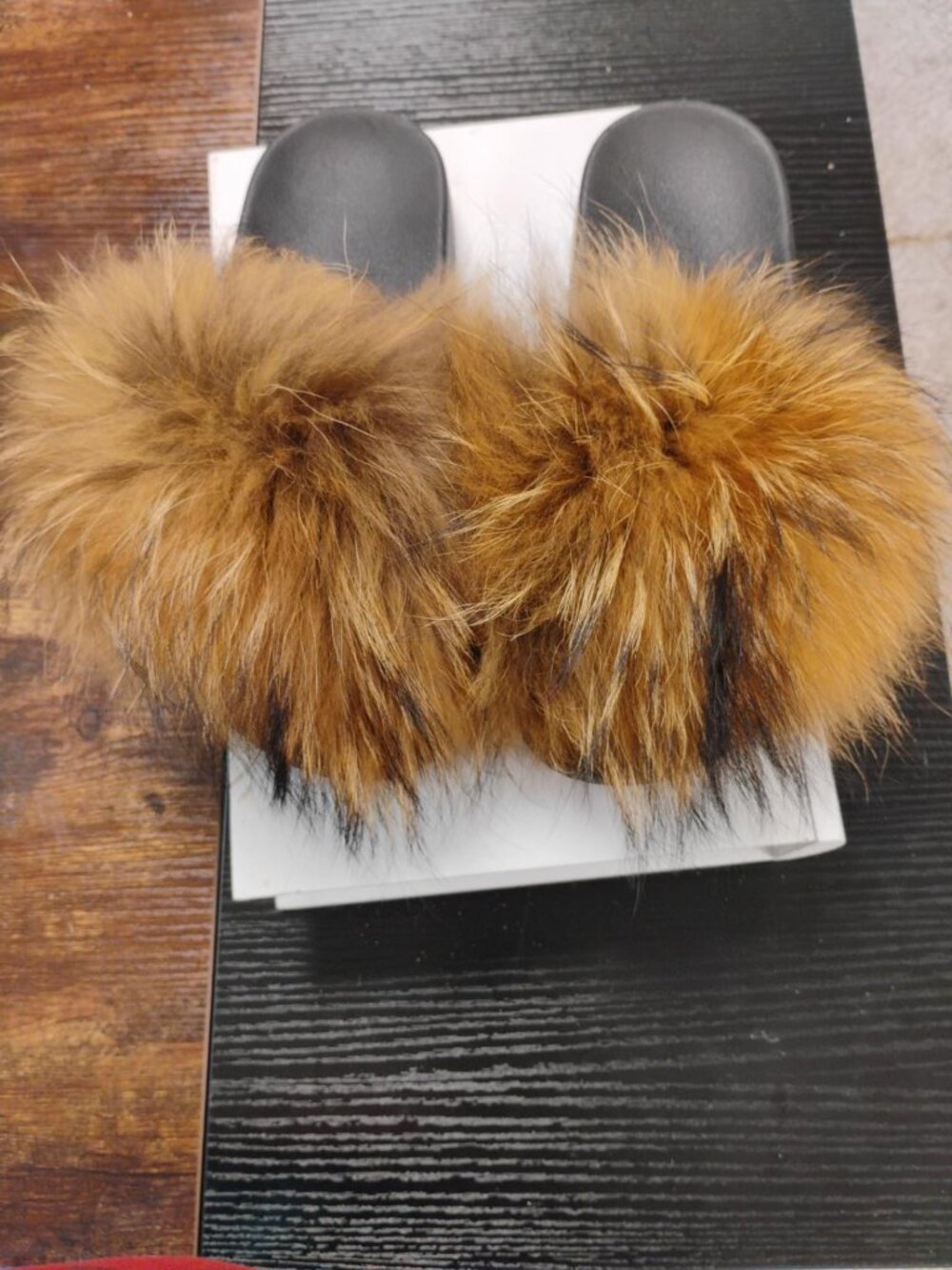 Brown Faux Fur Fluffy Slide Sandals Slippers Black Size 10 EU 41